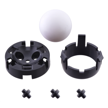 Components of the Pololu Ball Caster with 1″ Plastic Ball and Plastic Rollers: two-part housing, three plastic rollers, and a 1″ plastic ball.